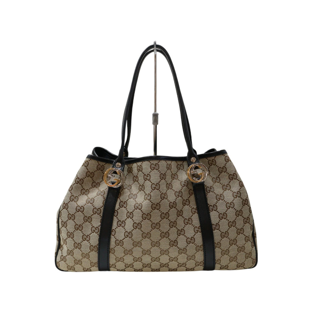 GUCCI GG Twins Tote Bag Canvas Leather Brown Black Silver Shoulder